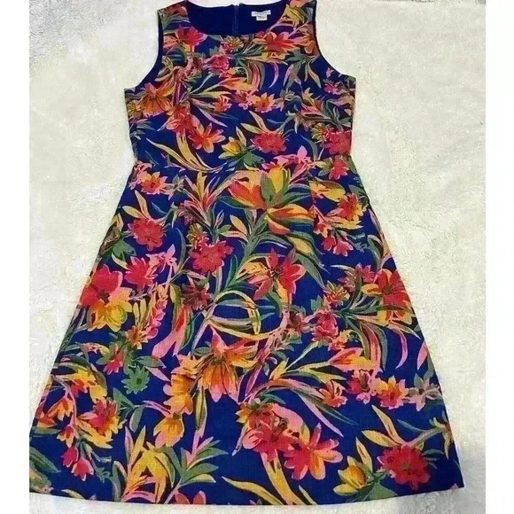 J Crew Floral Pleated Shift Dress $118 Size 4P‎ Bright Blue Pink Green Yellow - Picture 1 of 5